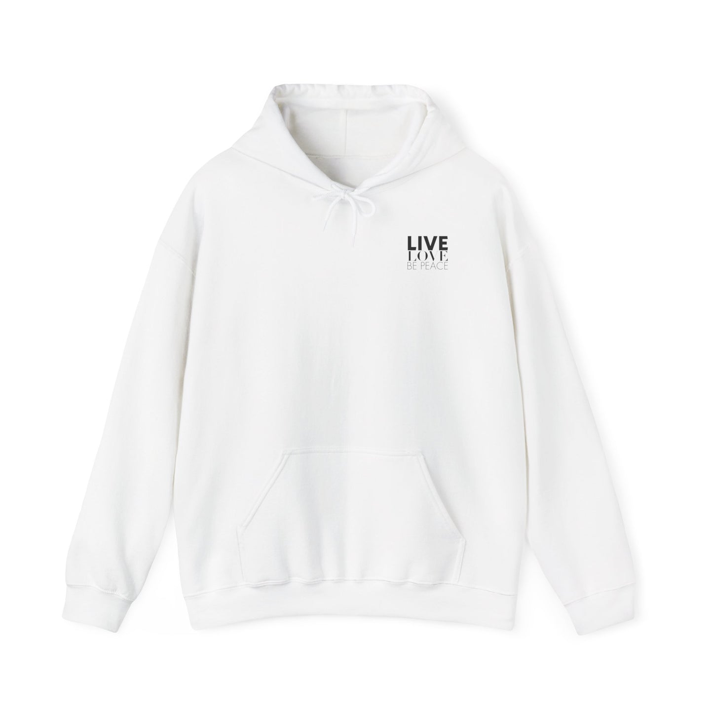 Live Love Be Peace LOVE stack hoodie with Live Love Be Peace logo on front in black on white