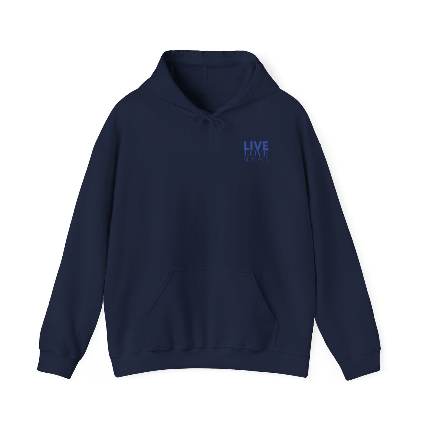 Live Love Be Peace LOVE stack hoodie with Live Love Be Peace logo on front in blue on navy