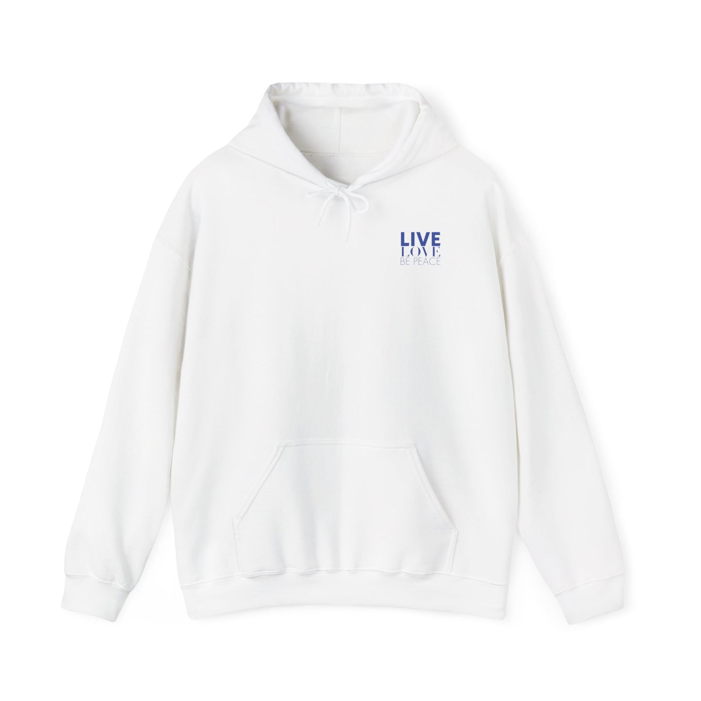 Live Love Be Peace LOVE stack hoodie with Live Love Be Peace logo on front blue on white