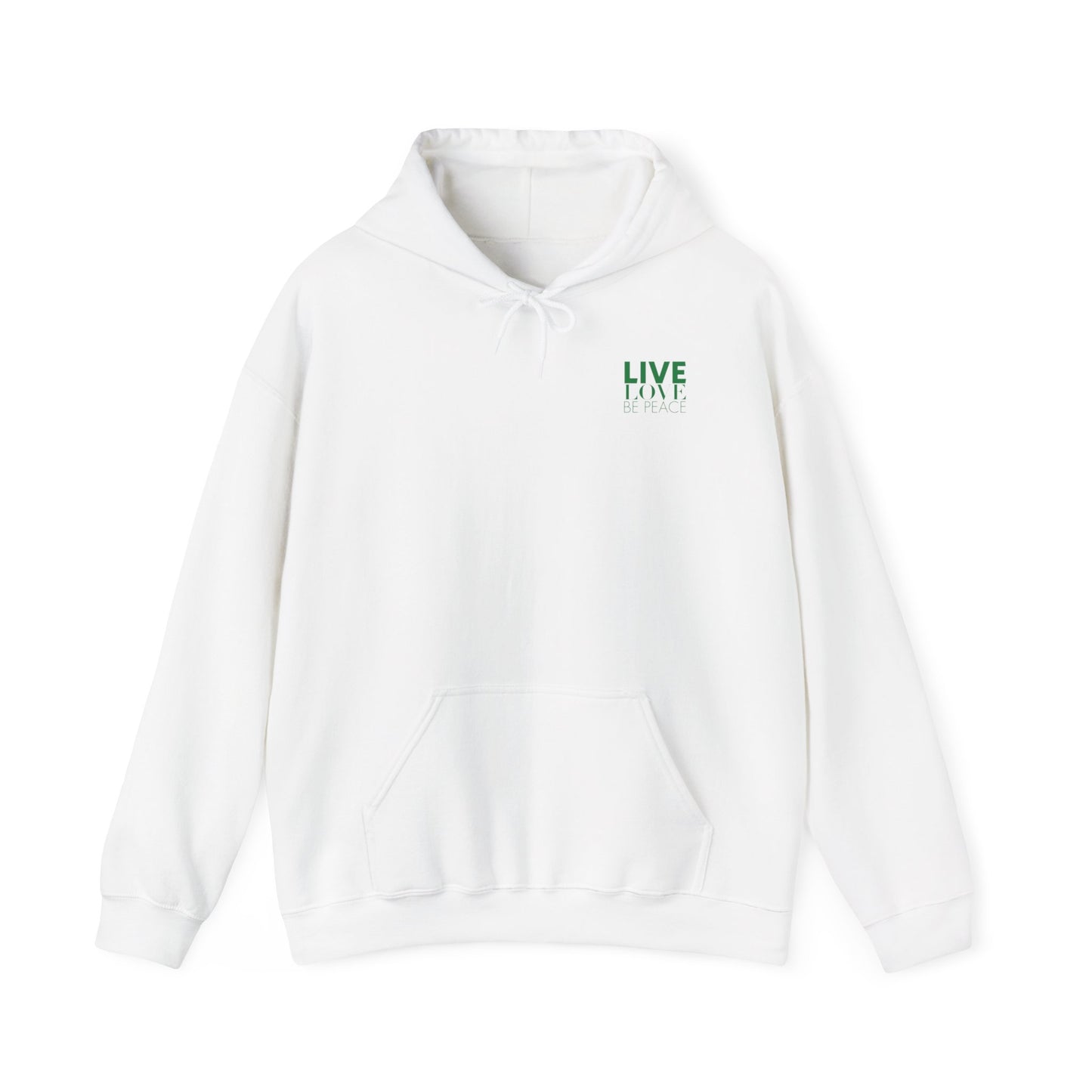 Live Love Be Peace LOVE stack hoodie with Live Love Be Peace logo on front in green on white