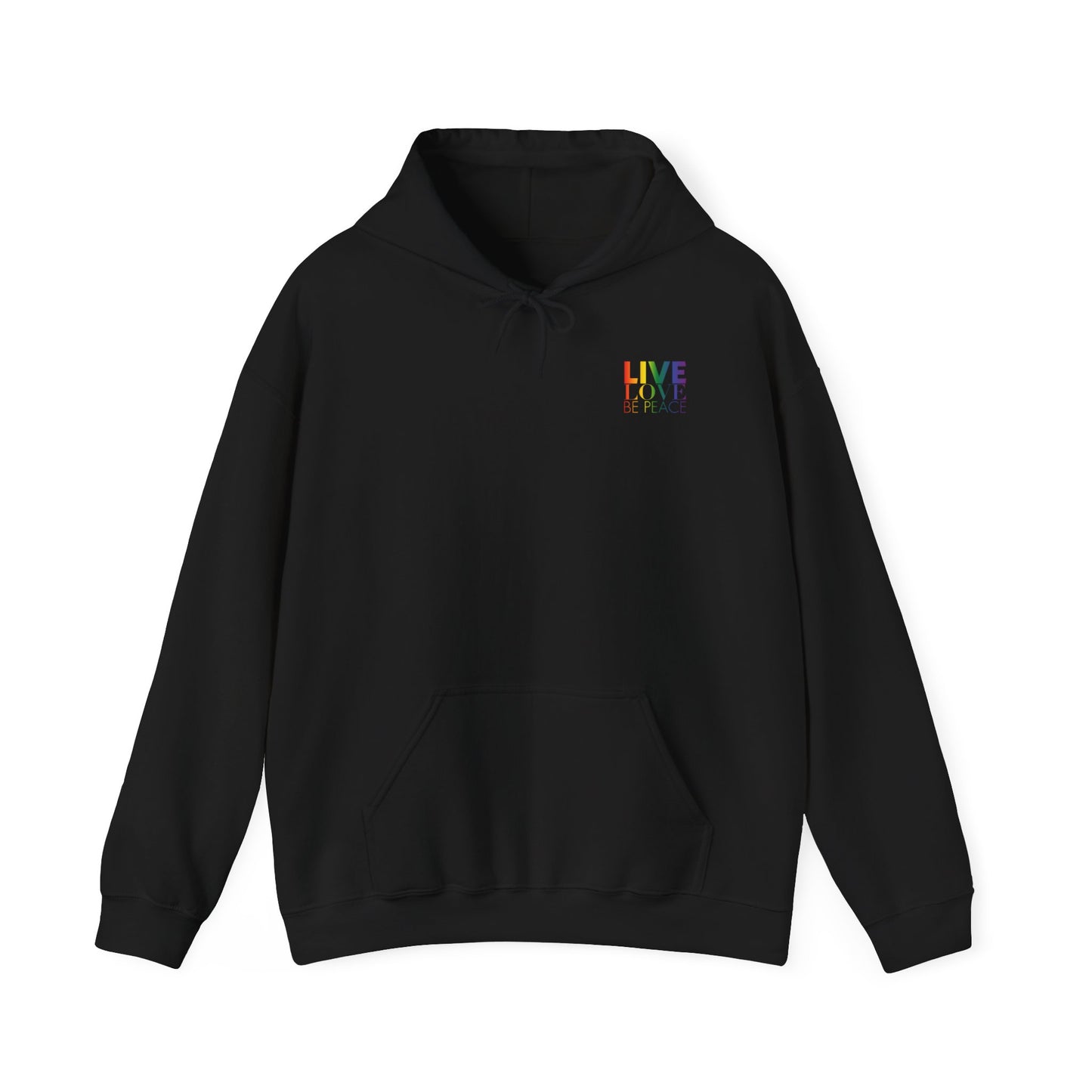 Live Love Be Peace LOVE stack hoodie with Live Love Be Peace logo on front in rainbow on black