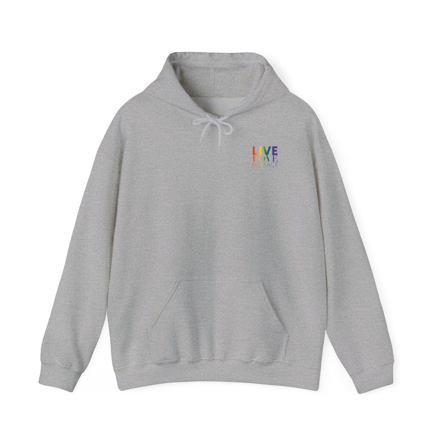 Live Love Be Peace LOVE stack hoodie with Live Love Be Peace logo on front in rainbow on grey
