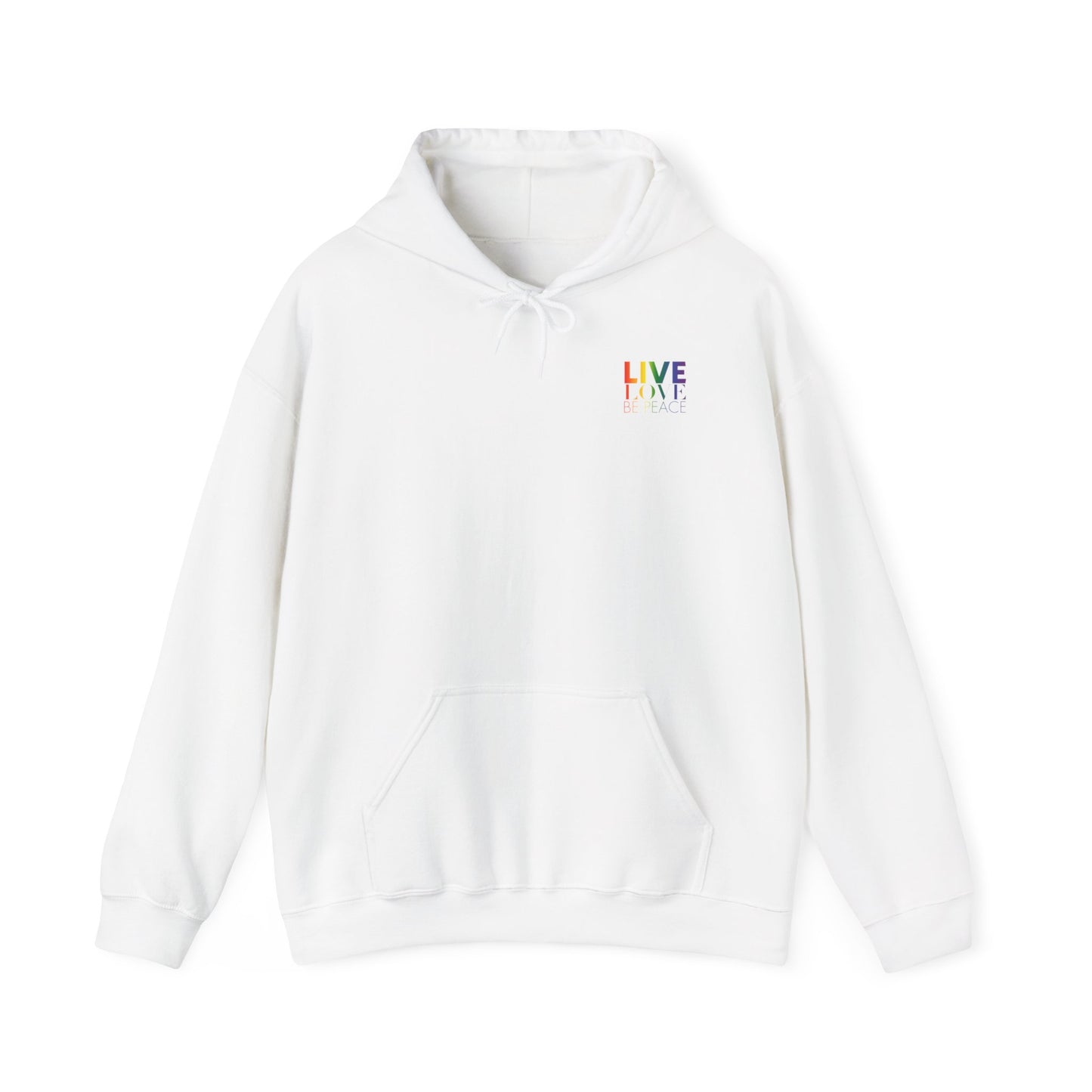 Live Love Be Peace LOVE stack hoodie with Live Love Be Peace logo on front in rainbow on white