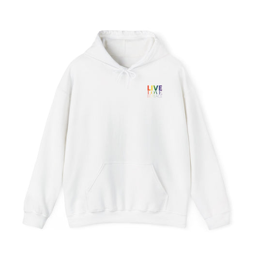 Live Love Be Peace LOVE stack hoodie with Live Love Be Peace logo on front in rainbow on white