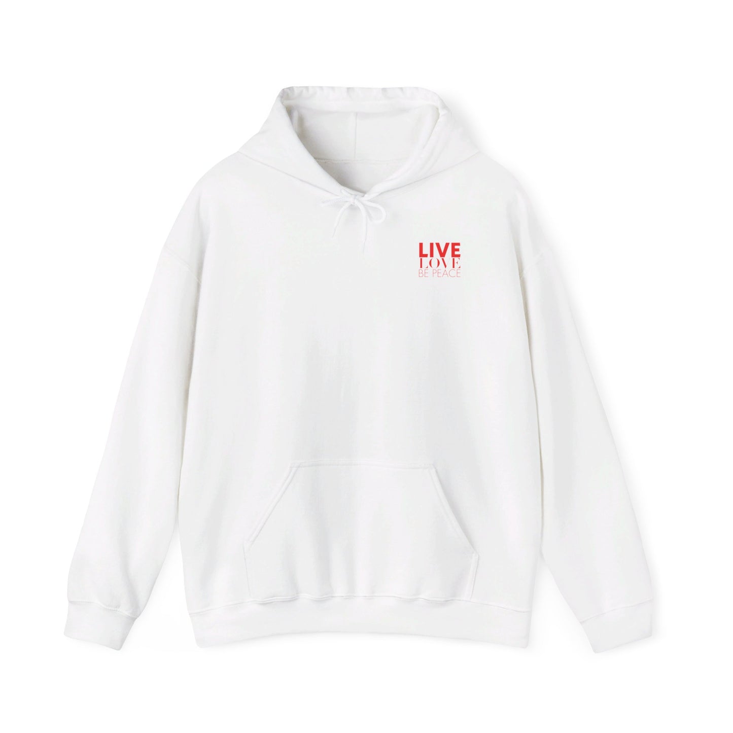 Live Love Be Peace LOVE stack hoodie with Live Love Be Peace logo on front in red on white