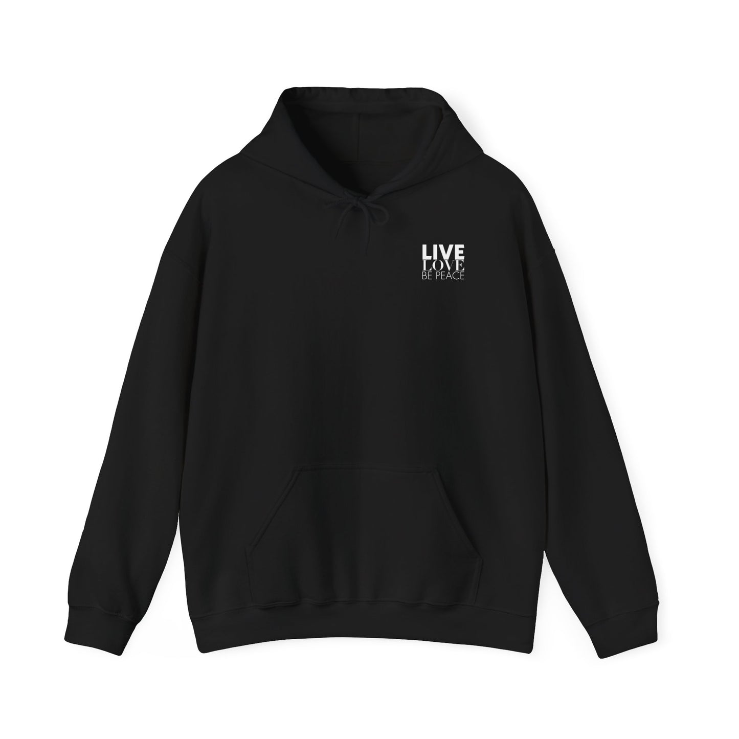 Live Love Be Peace LOVE stack hoodie with Live Love Be Peace logo on front in white on black