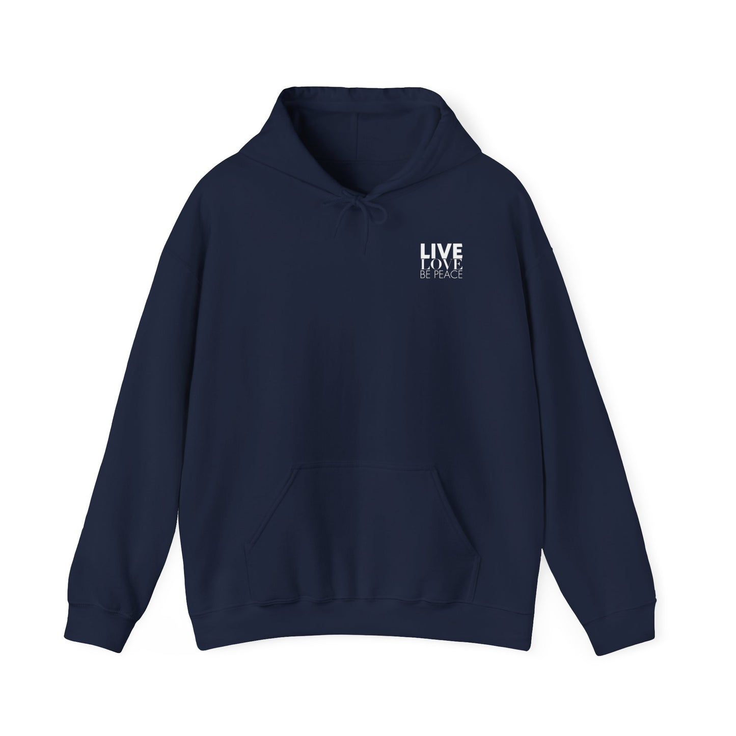 Live Love Be Peace LOVE stack hoodie with Live Love Be Peace logo on front in white on navy