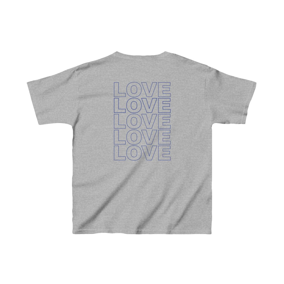 Live Love Be Peace LOVE back print kids t shirt in blue on grey