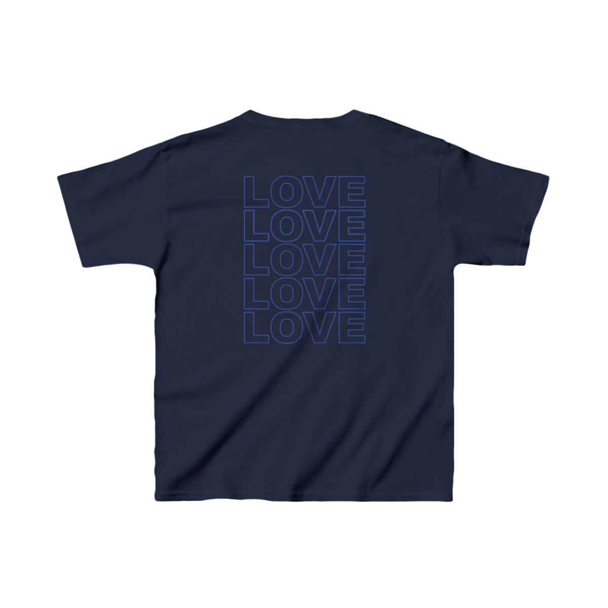 Live Love Be Peace LOVE back print kids t shirt in blue on navy