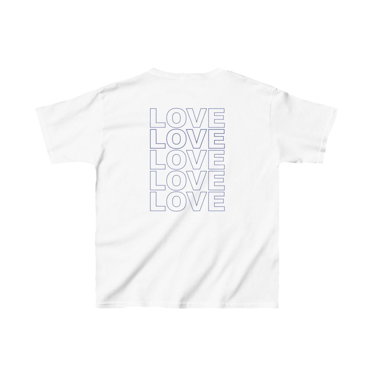 Live Love Be Peace LOVE back print kids t shirt in blue on white