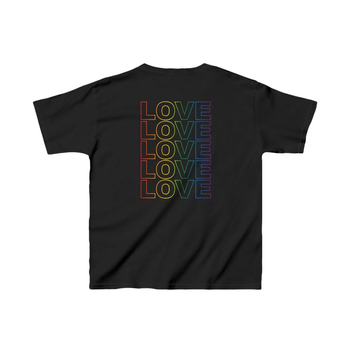 Live Love Be Peace LOVE back print kids t shirt in rainbow on black