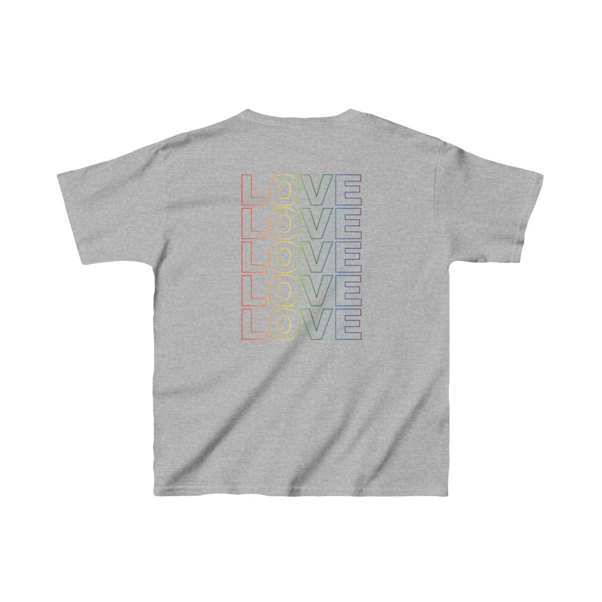 Live Love Be Peace LOVE back print kids t shirt in rainbow on grey