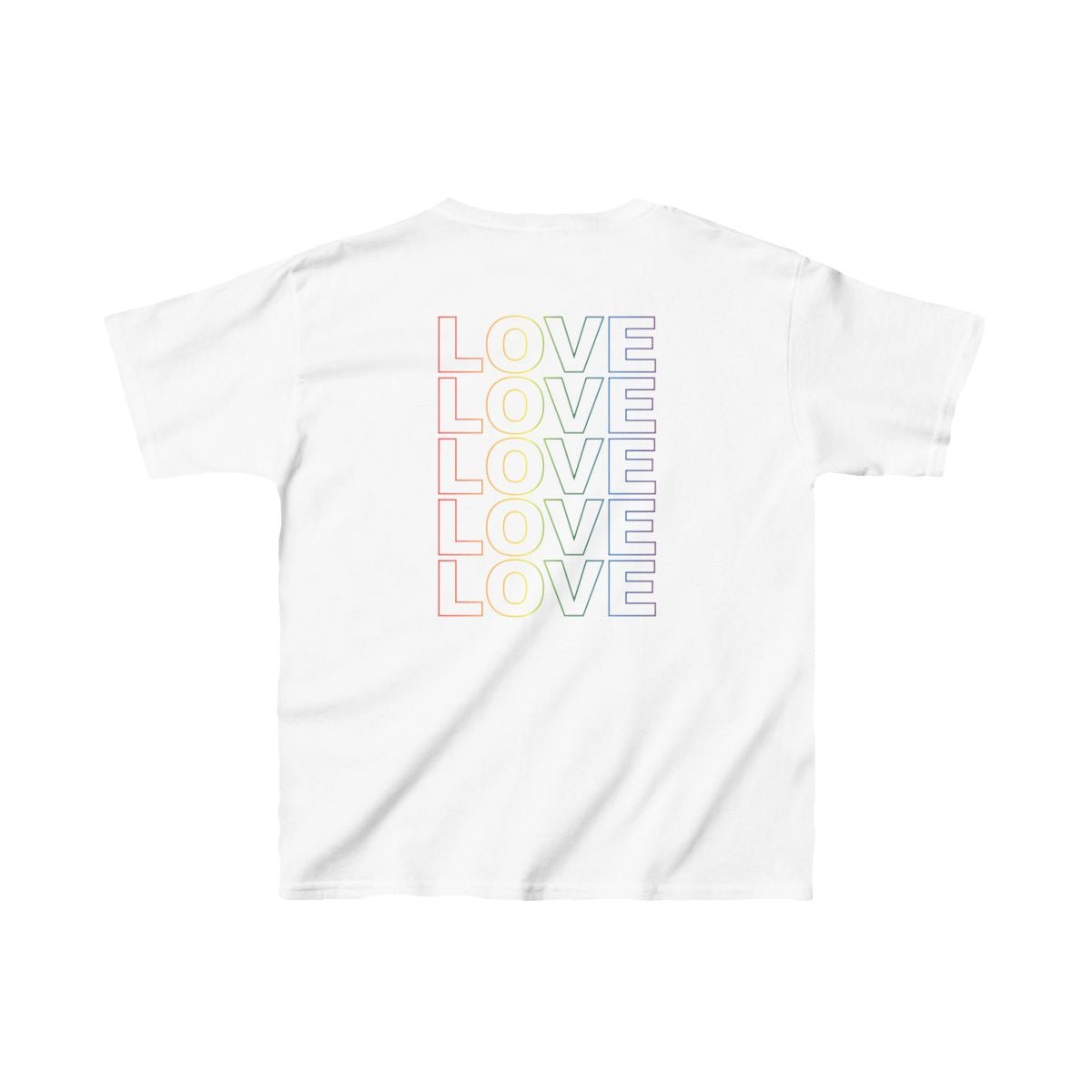 Live Love Be Peace LOVE back print kids t shirt in rainbow on white