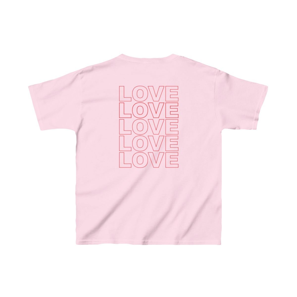 Live Love Be Peace LOVE back print kids t shirt in red on pink