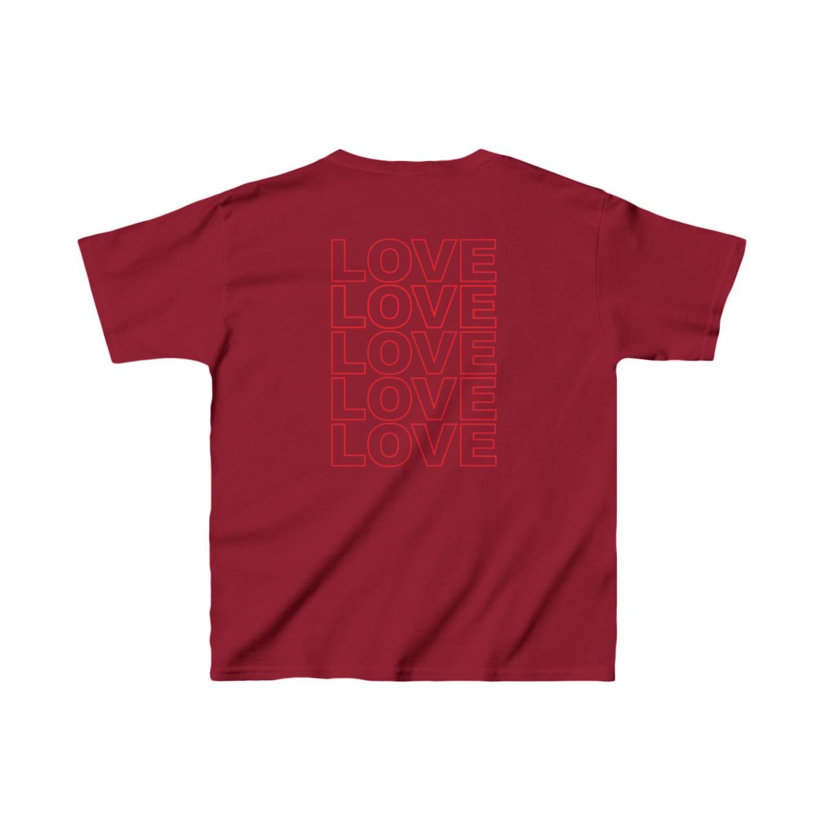 Live Love Be Peace LOVE back print kids t shirt in red on red