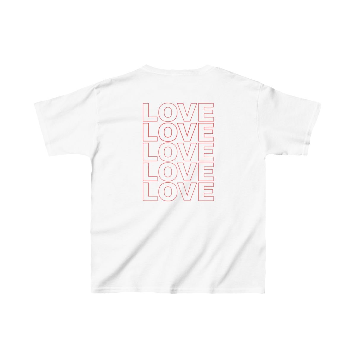 Live Love Be Peace LOVE back print kids t shirt in red on white