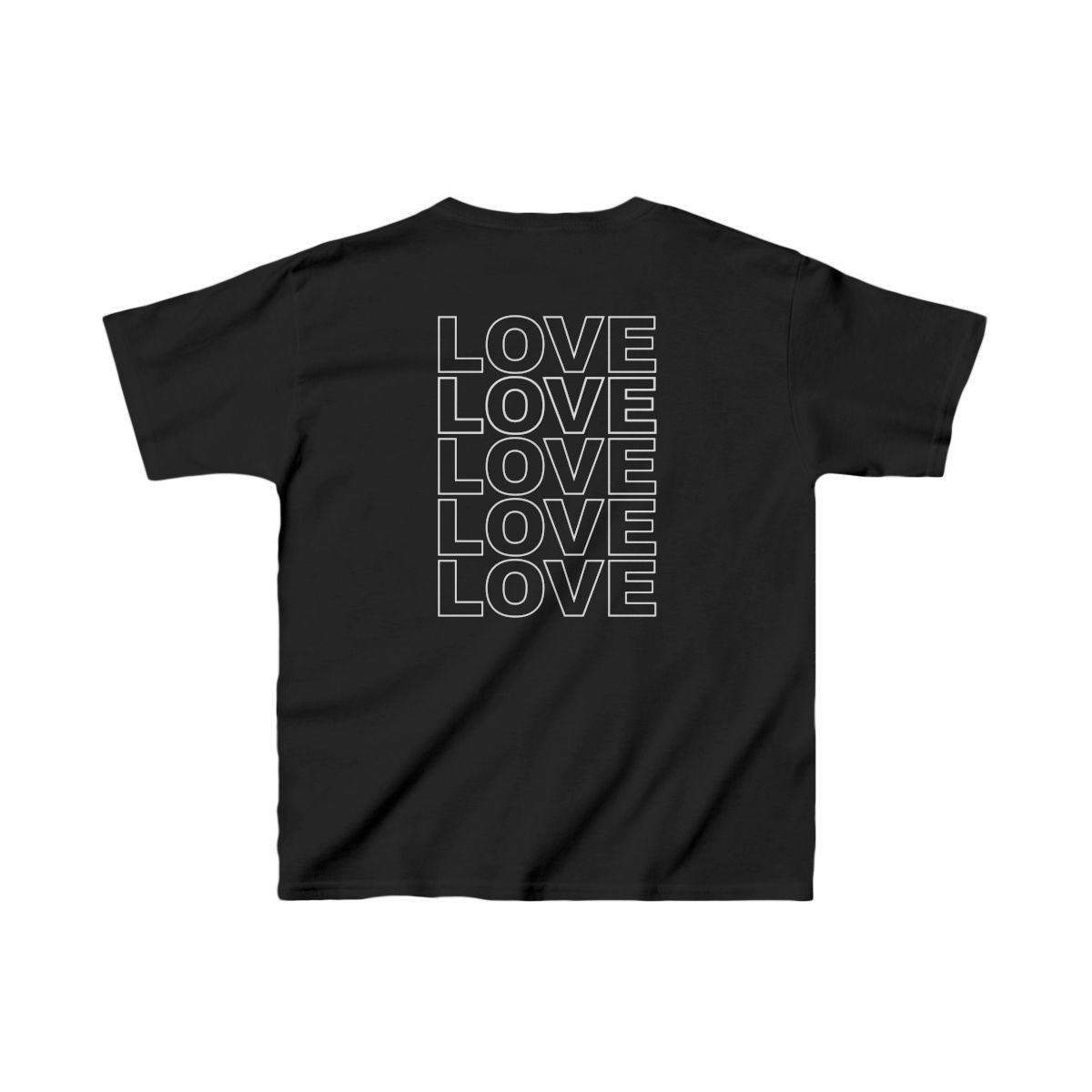 Live Love Be Peace LOVE back print kids t shirt in white on black