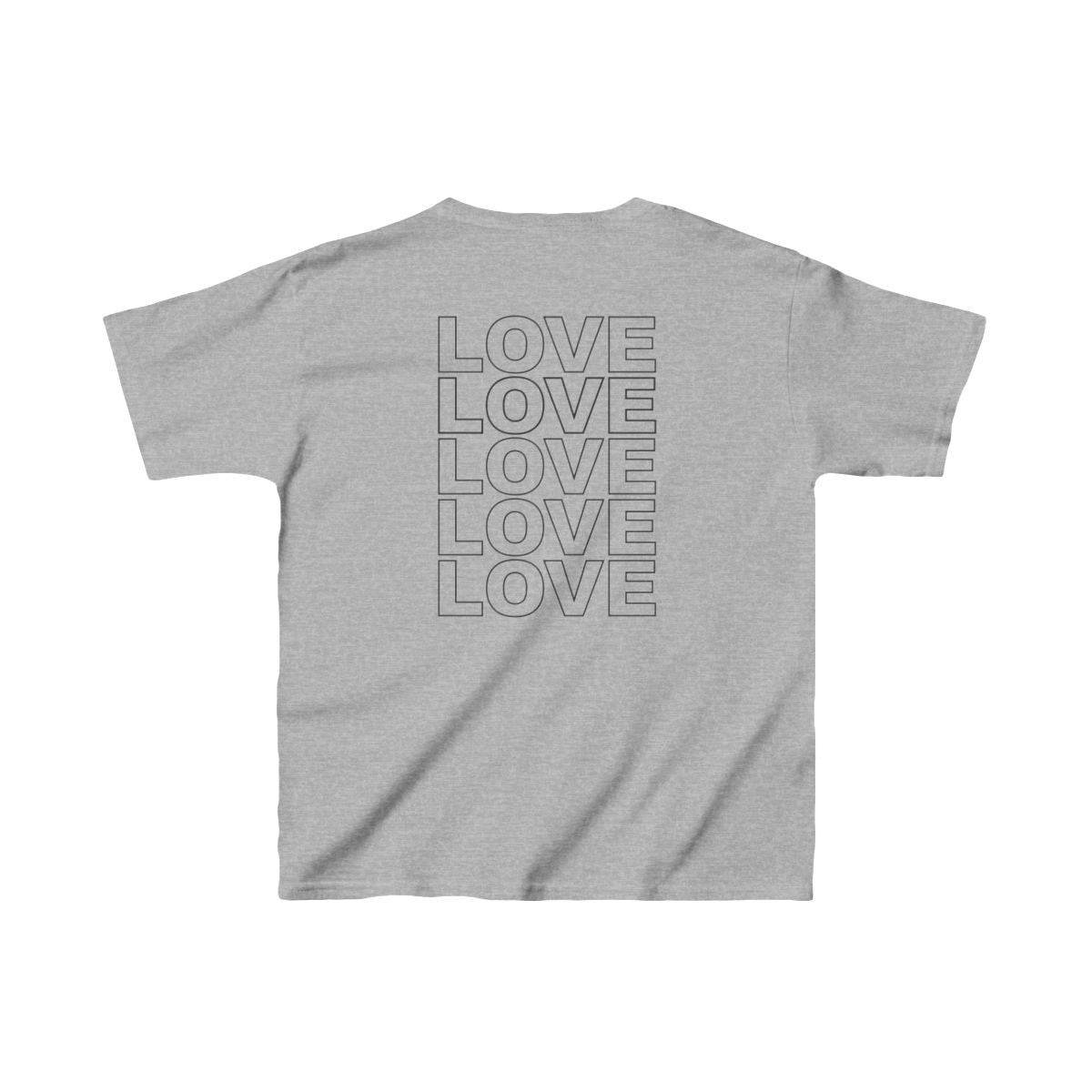 Live Love Be Peace LOVE back print kids t shirt in black on grey