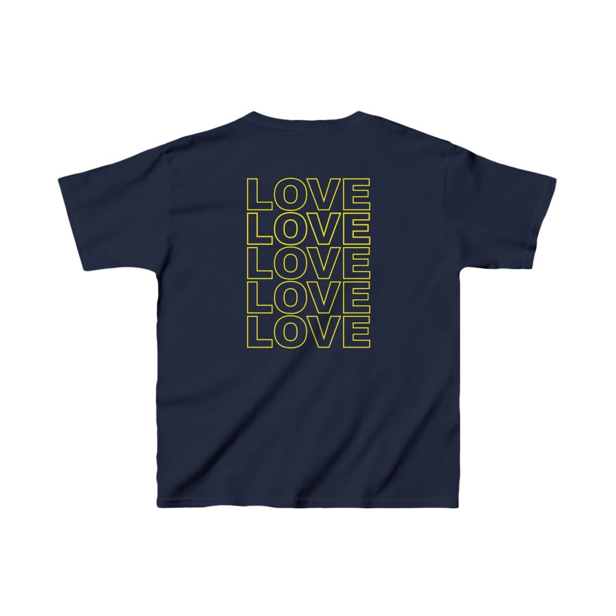 Live Love Be Peace LOVE back print kids t shirt in yellow on navy