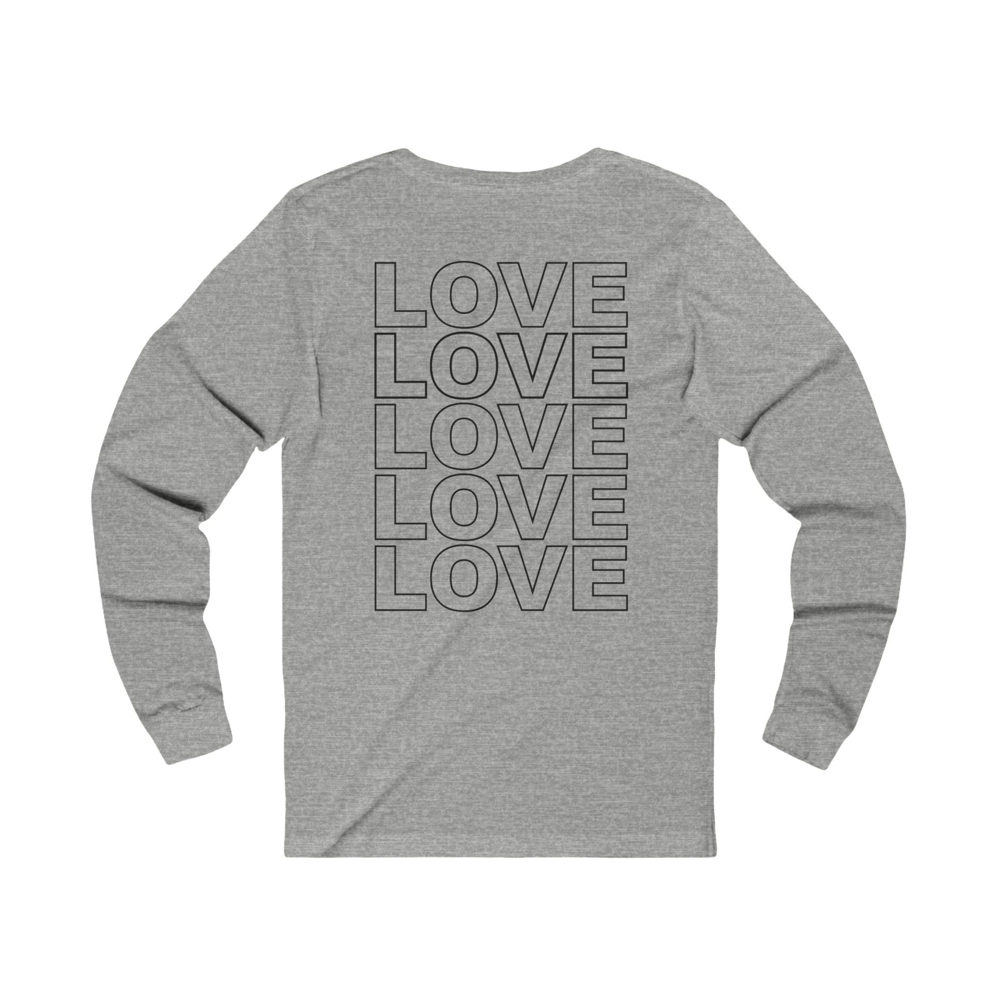 Live Love Be Peace LOVE back print long sleeve t shirt in black on grey