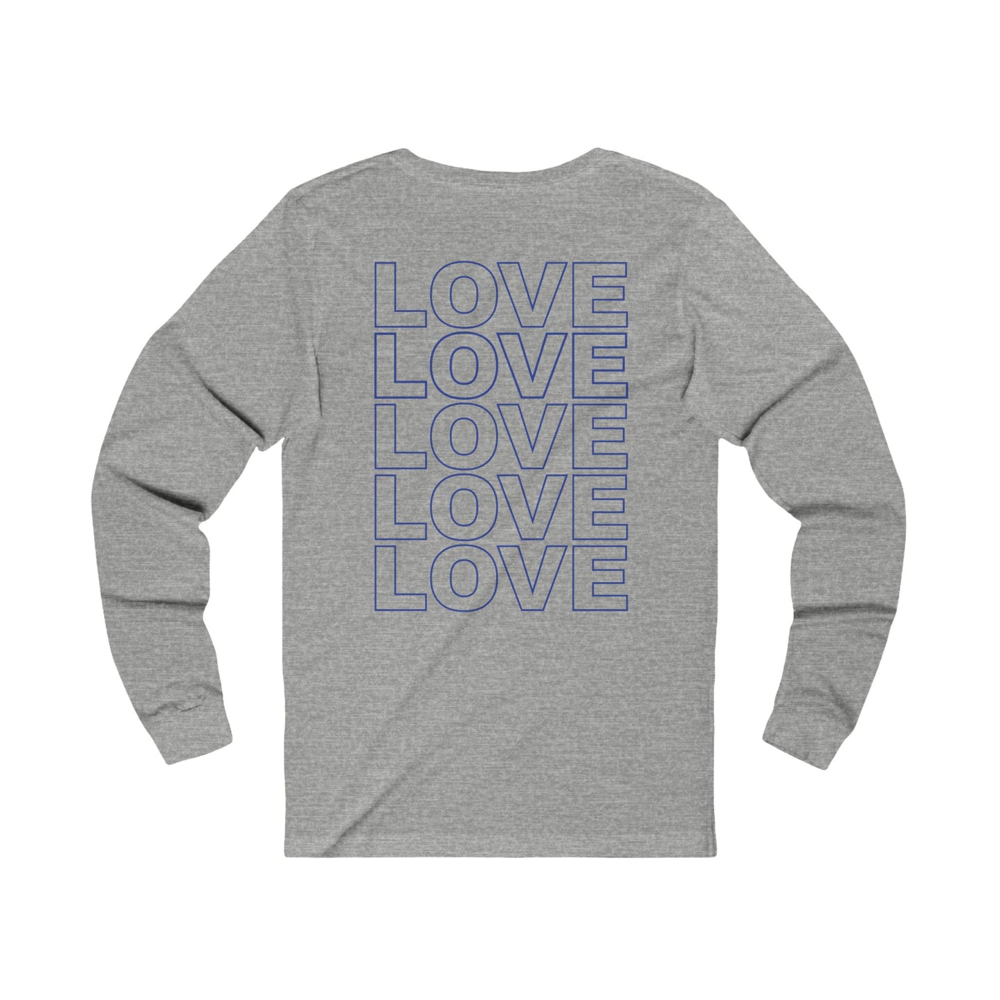 Live Love Be Peace LOVE back print long sleeve t shirt in blue on grey