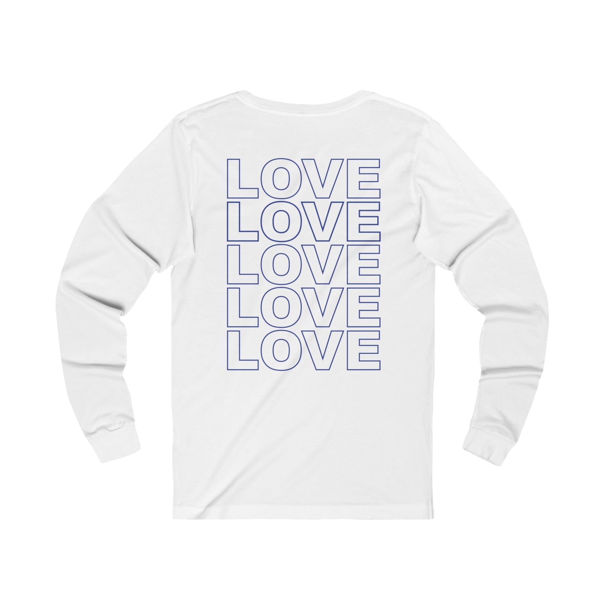 Live Love Be Peace LOVE back print long sleeve t shirt in blue on white