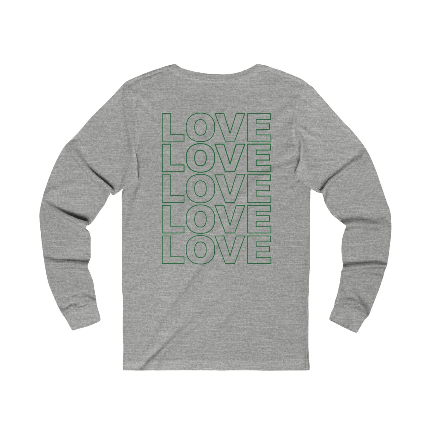 Live Love Be Peace LOVE back print long sleeve t shirt in green on grey