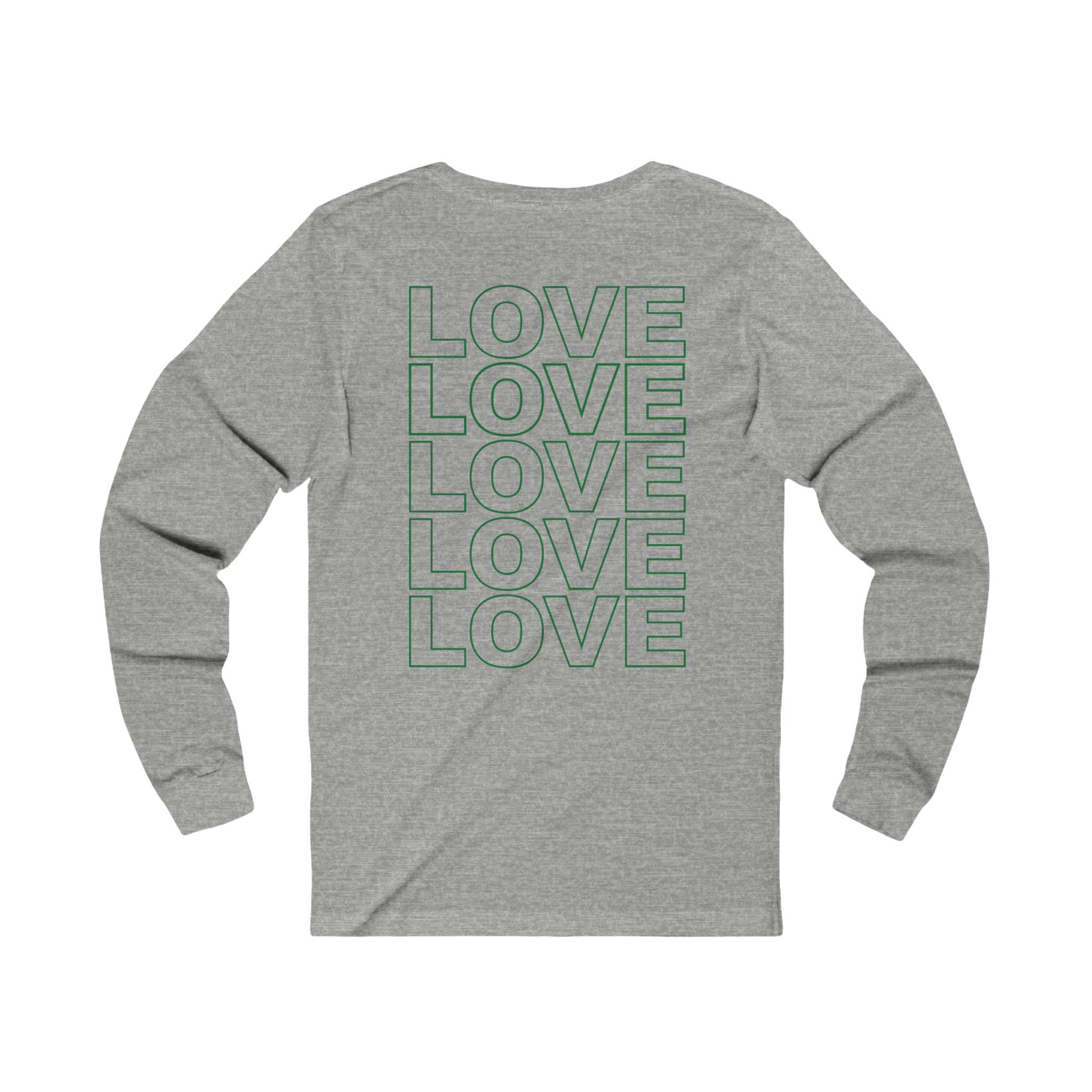 Live Love Be Peace LOVE back print long sleeve t shirt in green on grey