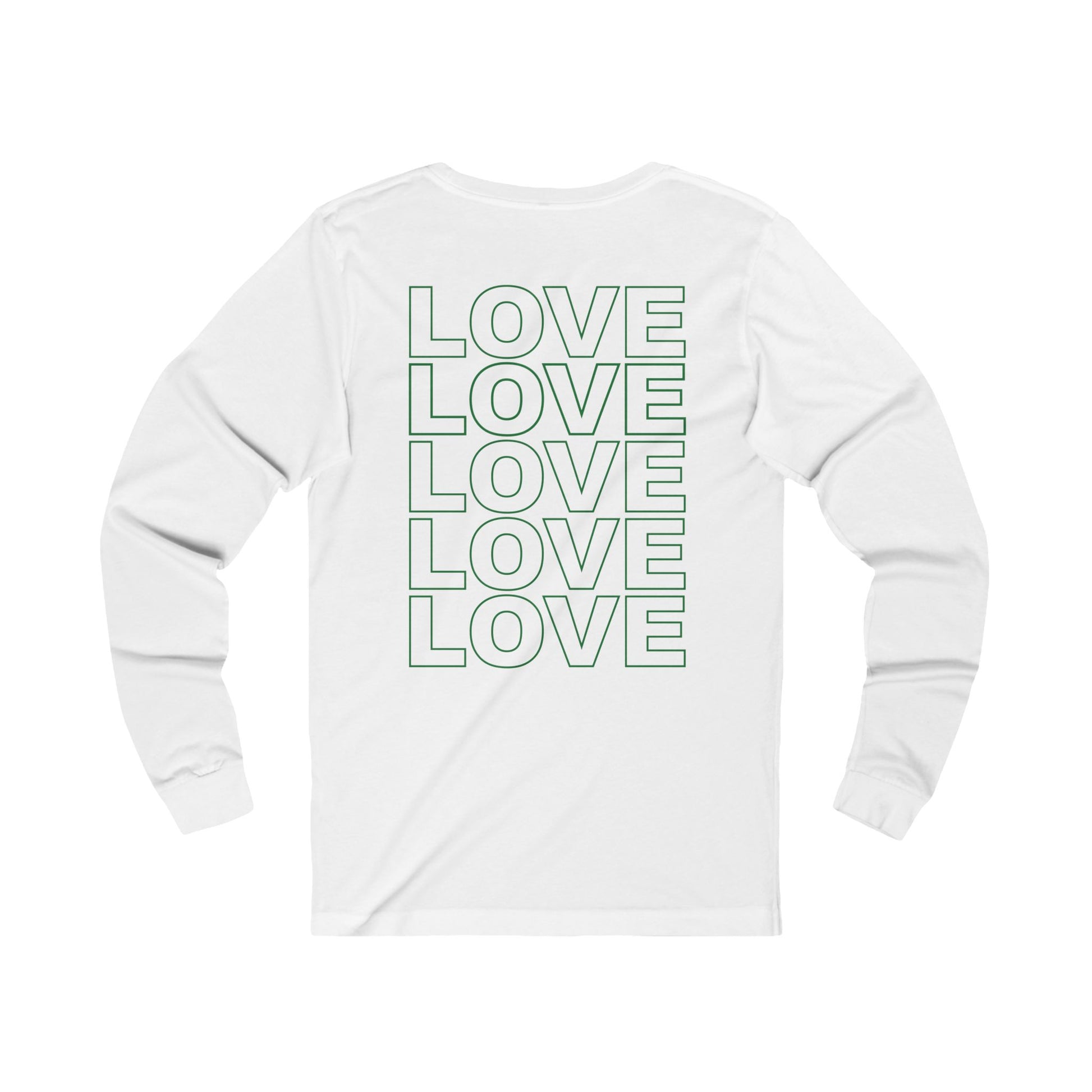 Live Love Be Peace LOVE back print long sleeve t shirt in green on white