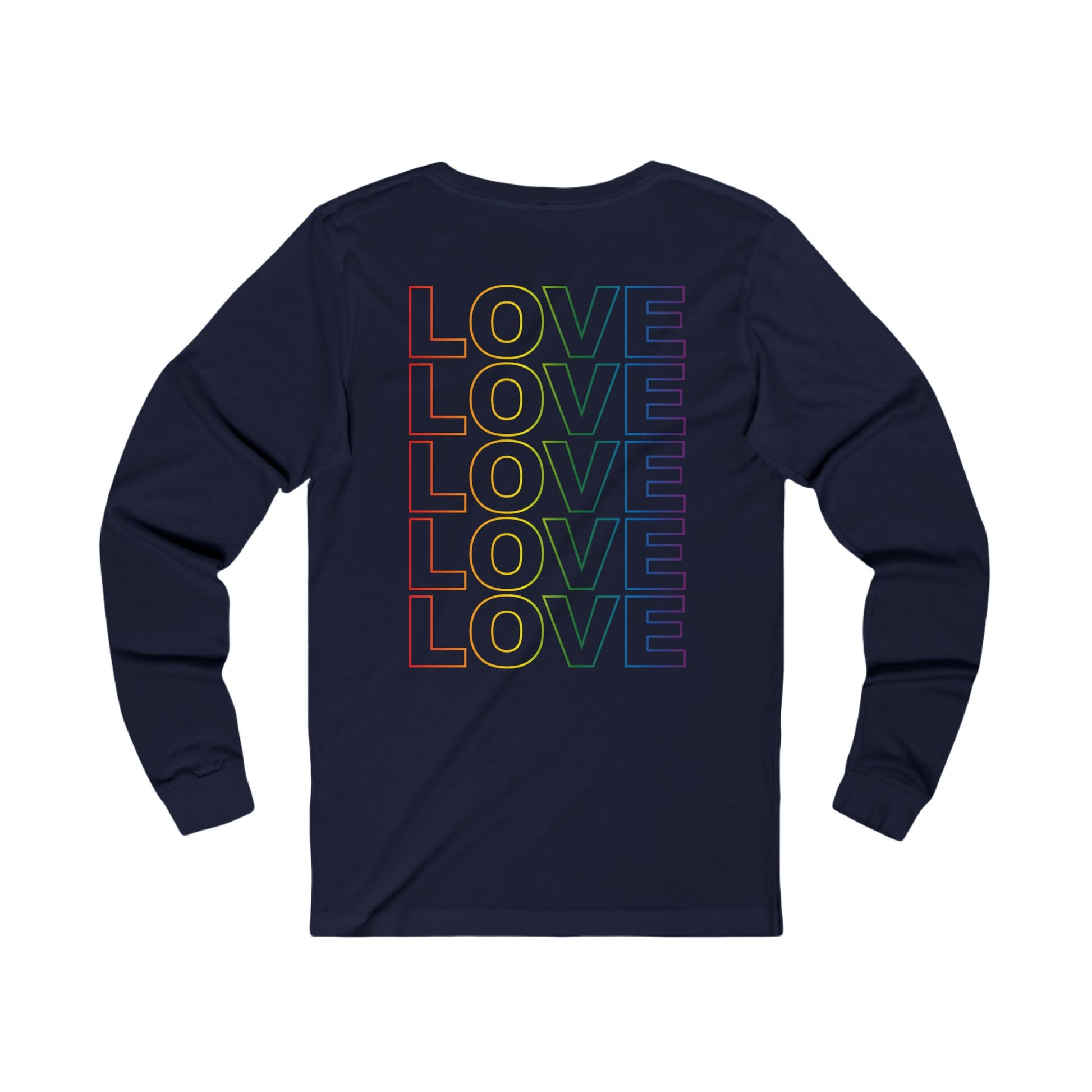 Live Love Be Peace LOVE back print long sleeve t shirt in rainbow on navy