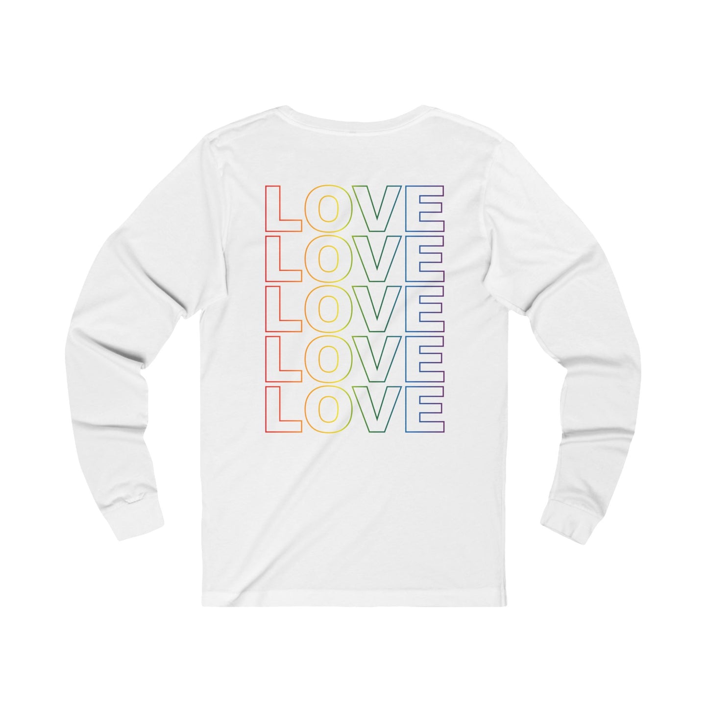 Live Love Be Peace LOVE back print long sleeve t shirt in rainbow on white