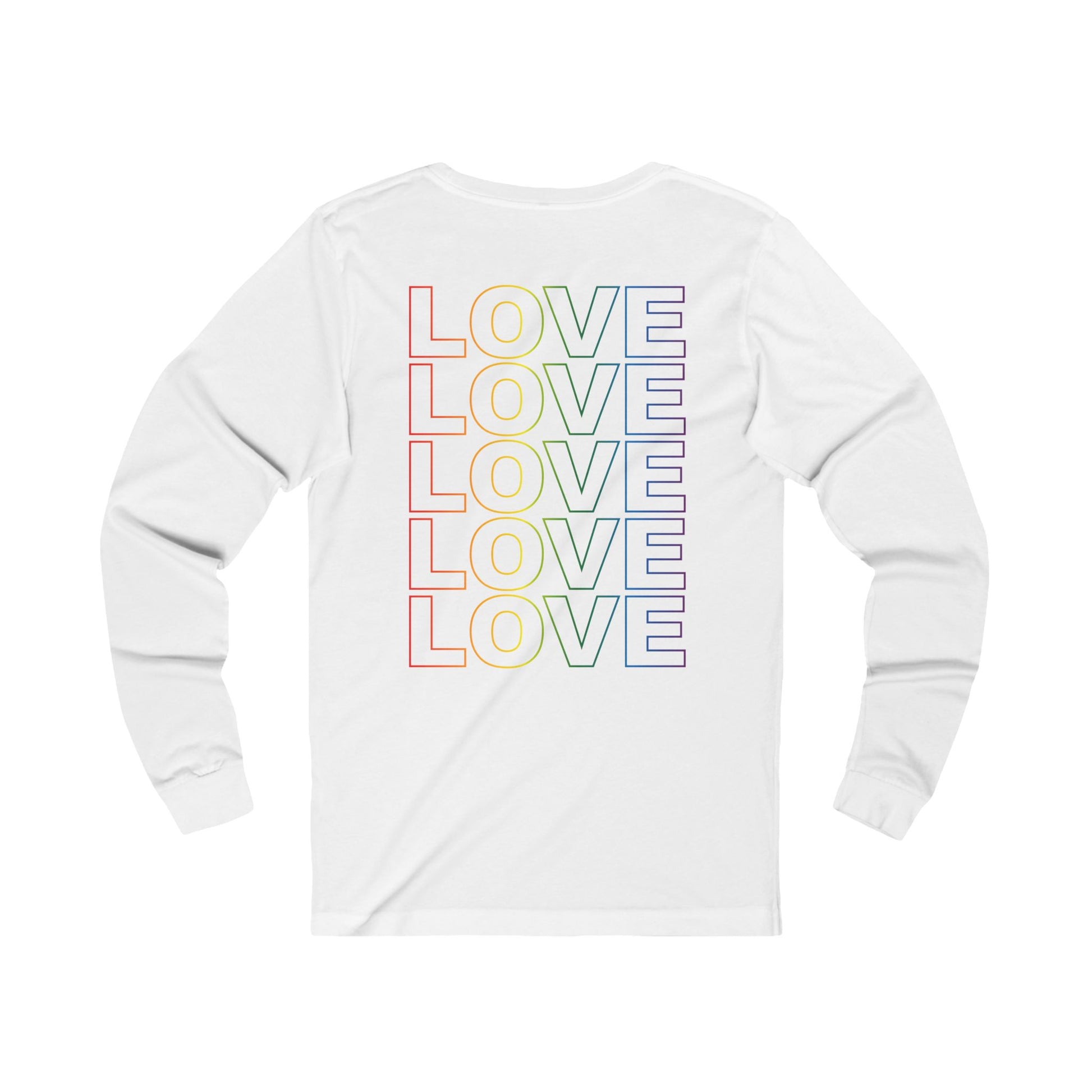 Live Love Be Peace LOVE back print long sleeve t shirt in rainbow on white