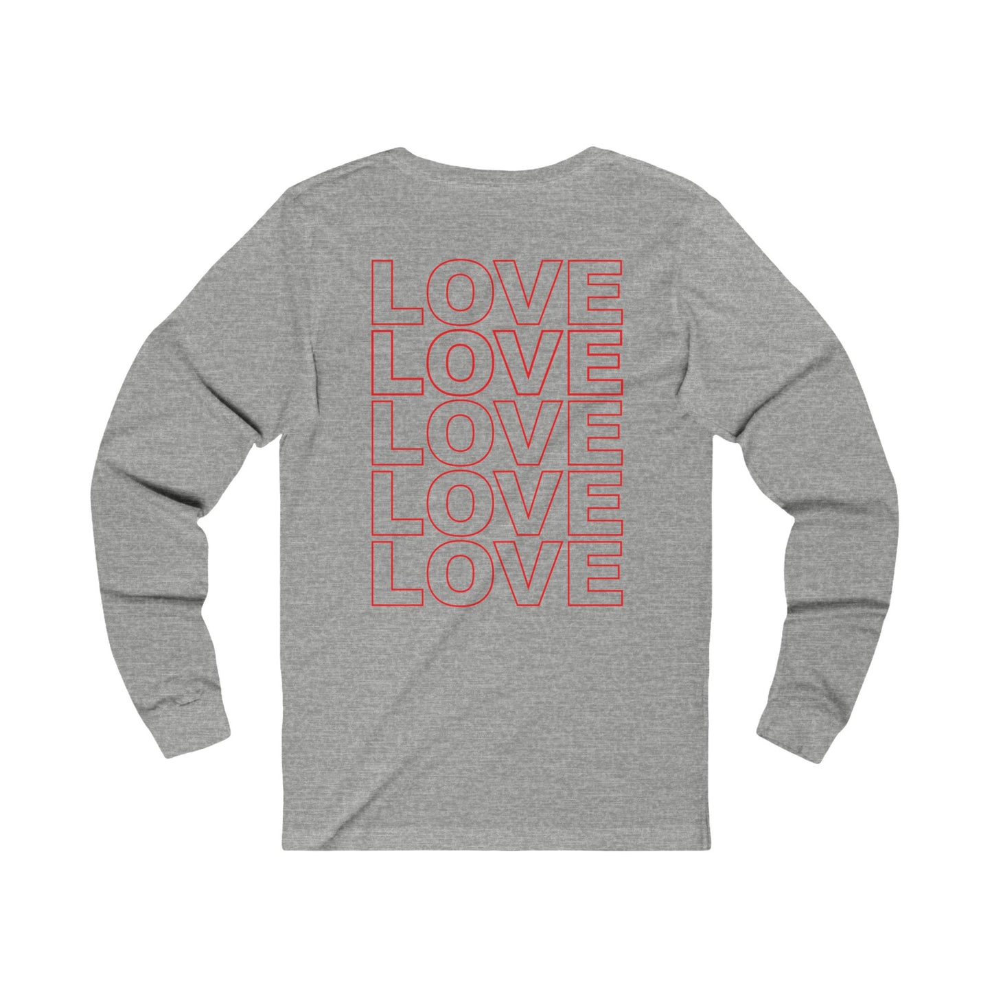 Live Love Be Peace LOVE back print long sleeve t shirt in red on grey