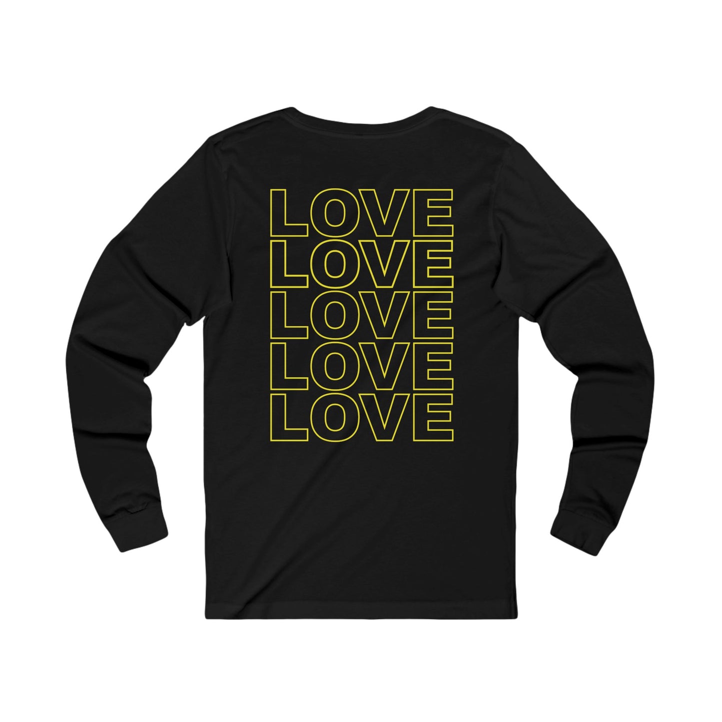 Live Love Be Peace LOVE back print long sleeve t shirt in yellow on black
