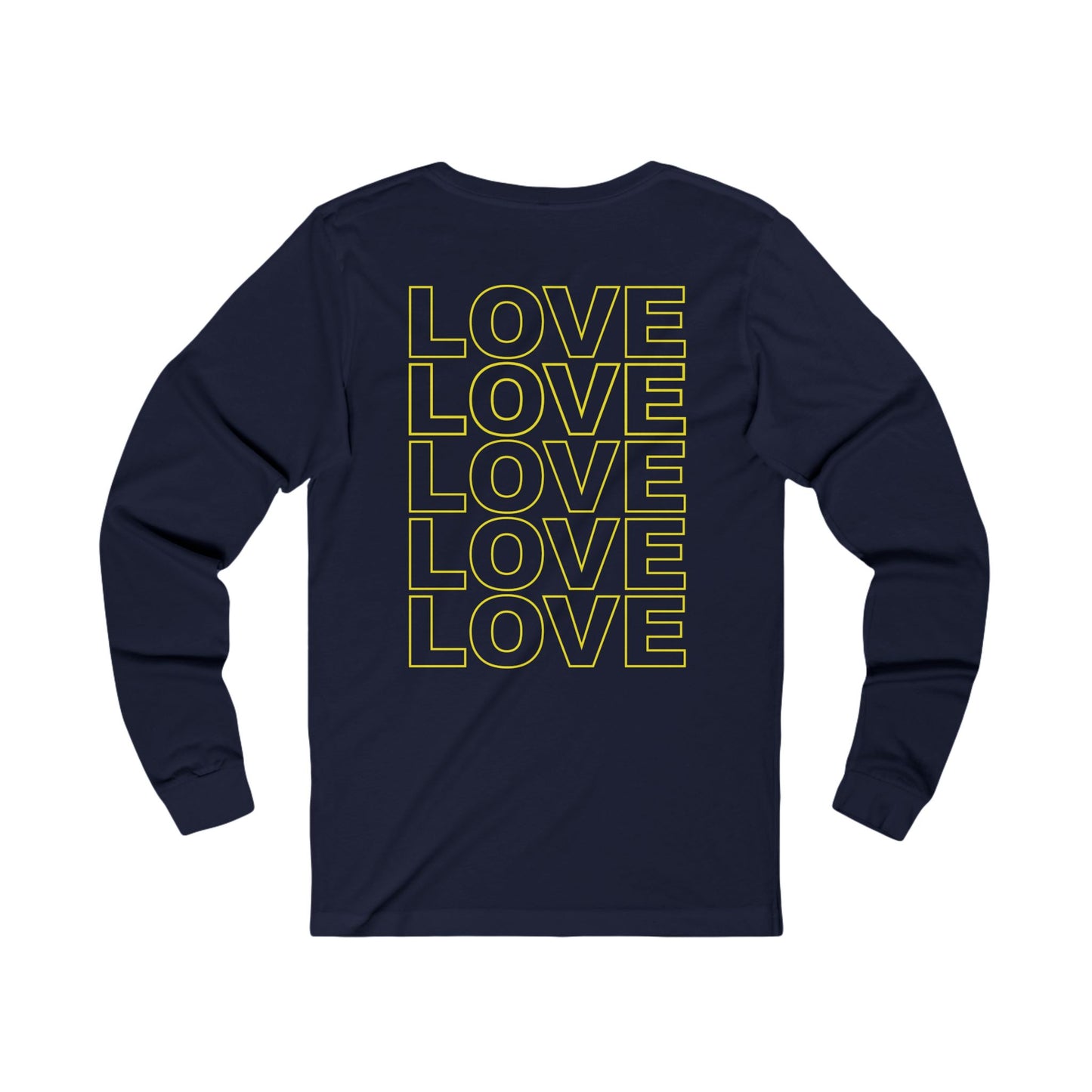Live Love Be Peace LOVE back print long sleeve t shirt in yellow on navy