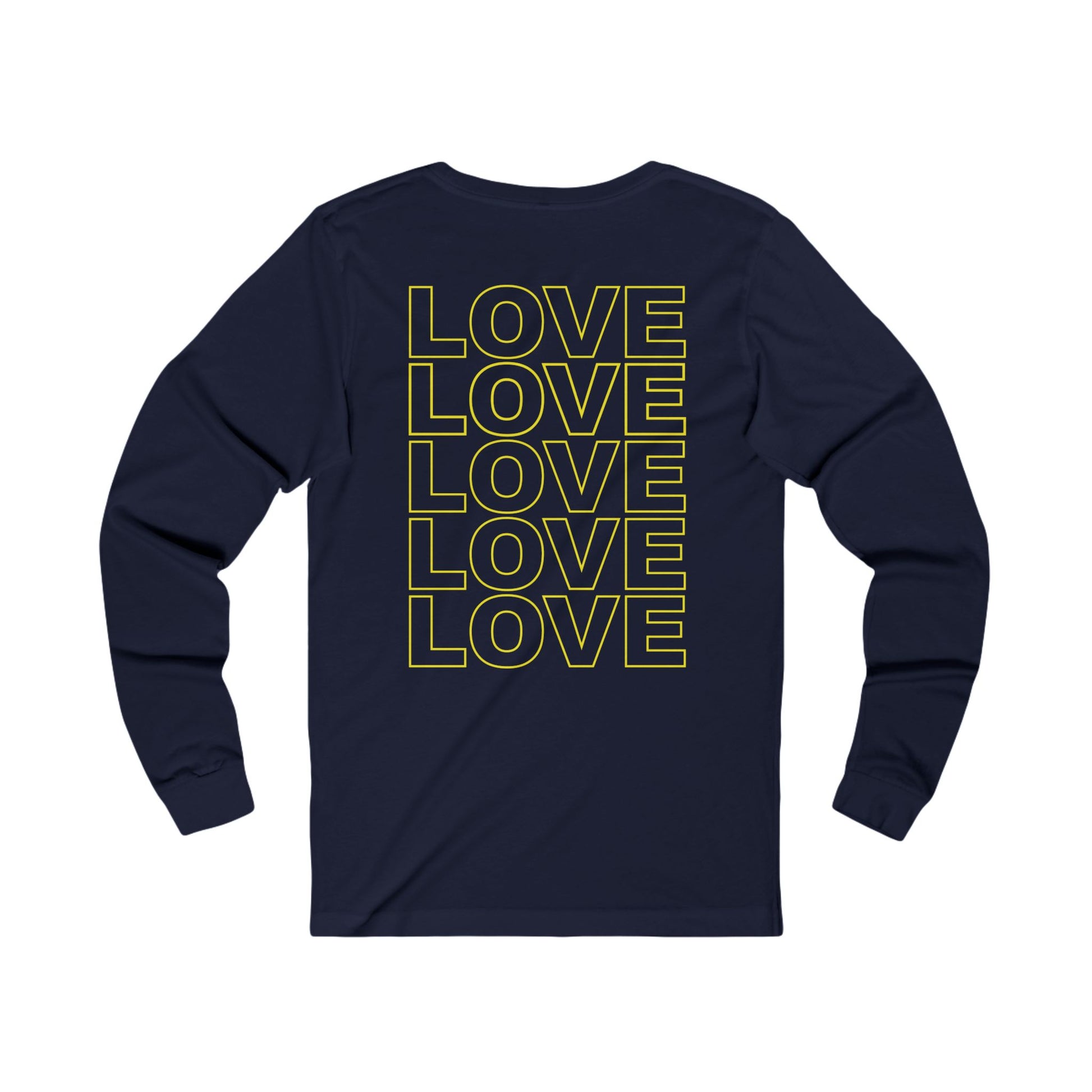 Live Love Be Peace LOVE back print long sleeve t shirt in yellow on navy