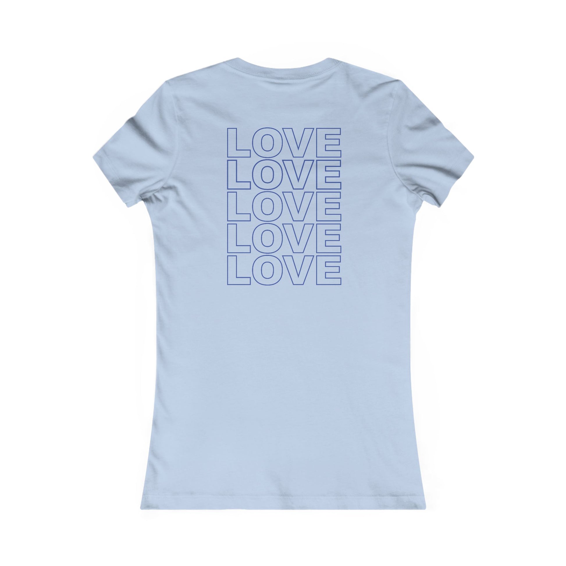 Live Love Be Peace LOVE back print women’s t shirt in blue on baby blue