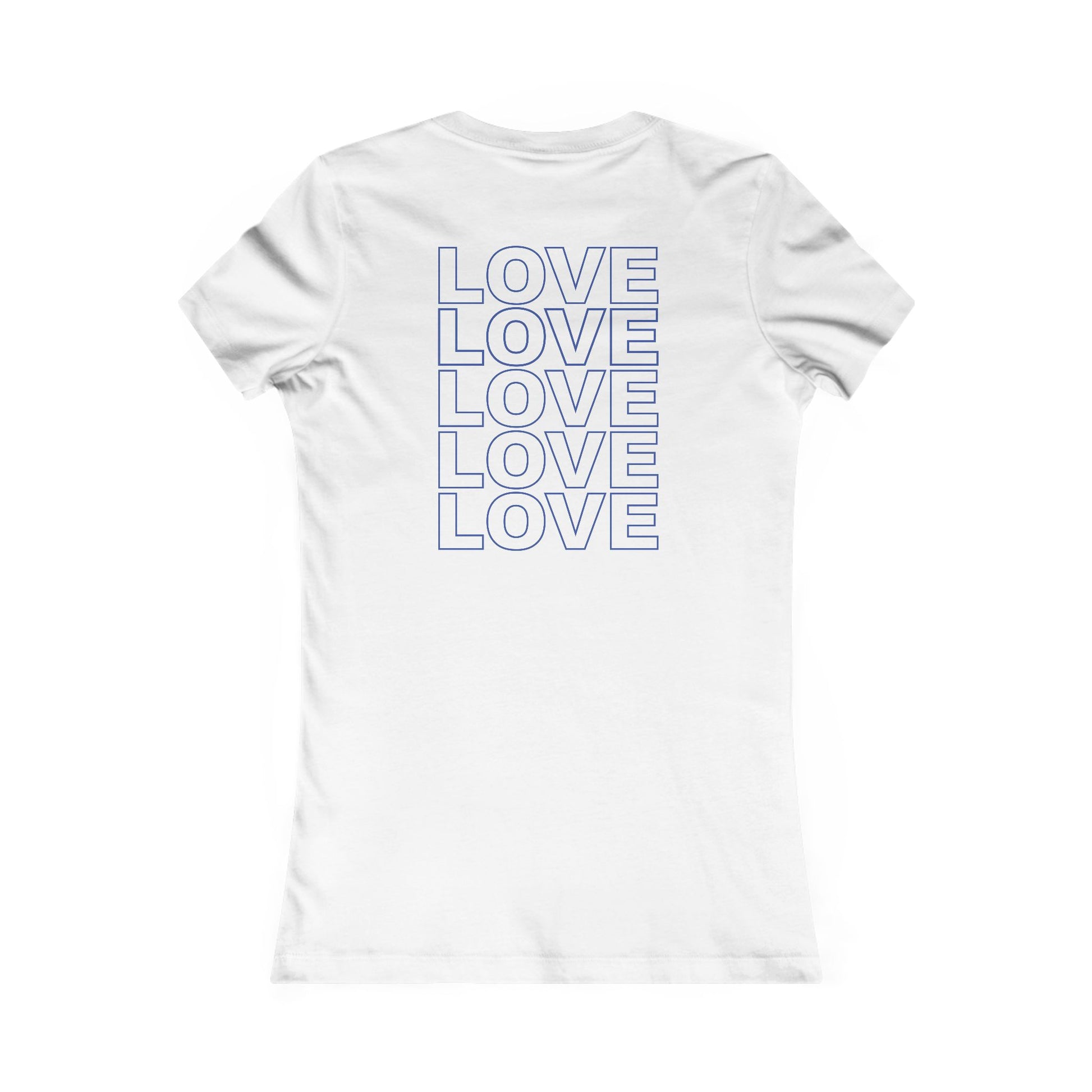 Live Love Be Peace LOVE back print women’s t shirt in blue on white