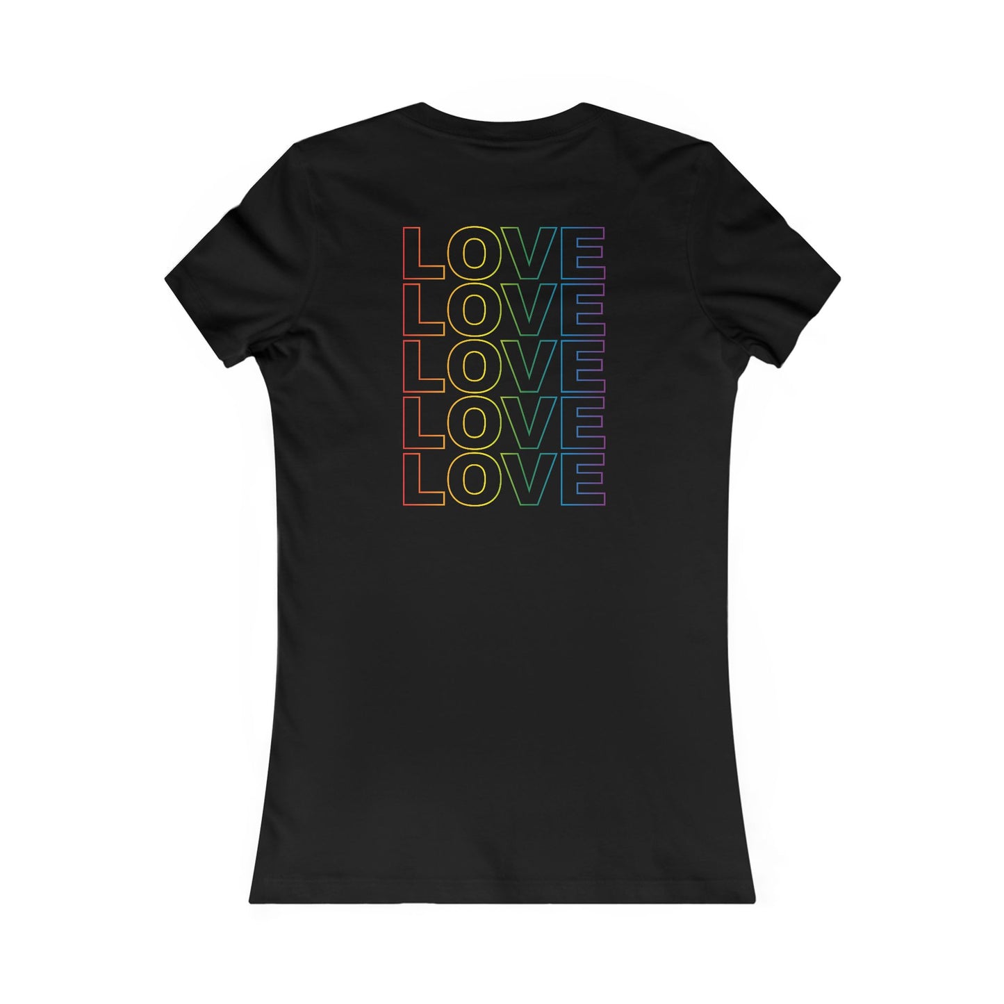 Live Love Be Peace LOVE back print women’s t shirt in rainbow on black