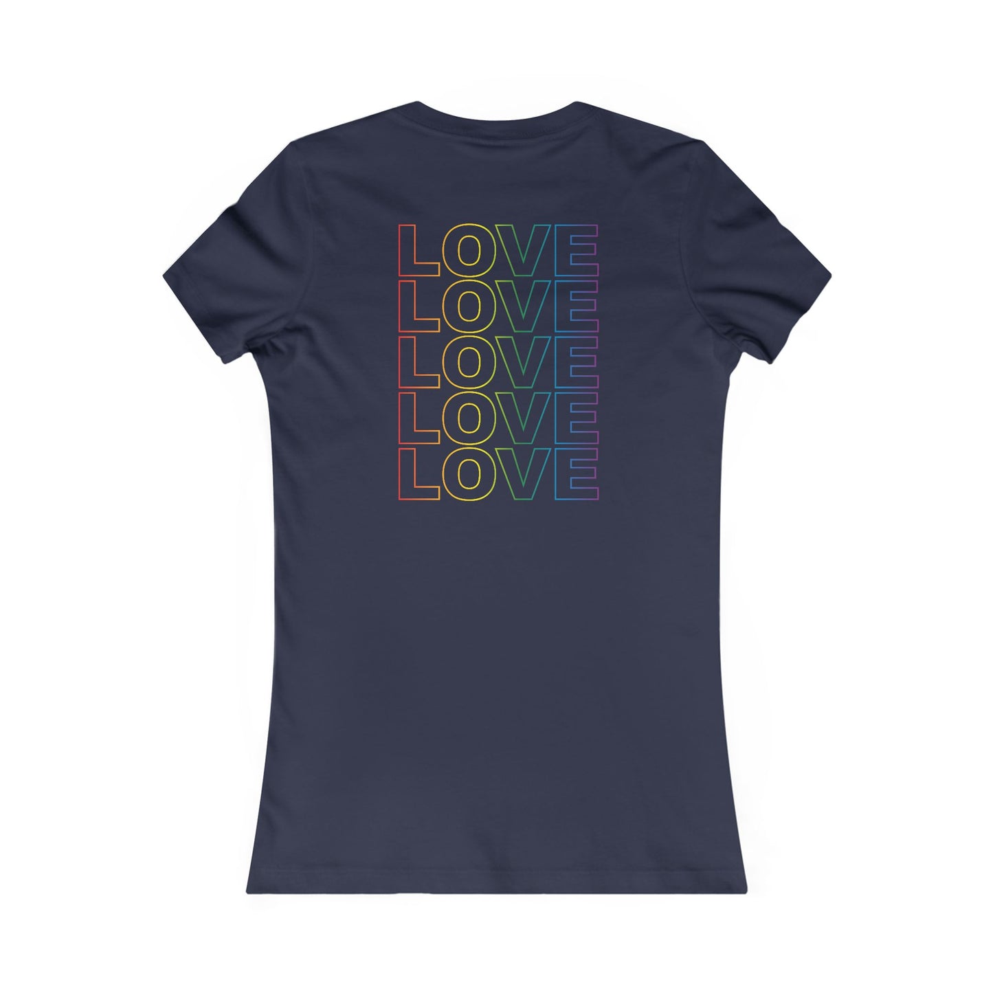 Live Love Be Peace LOVE back print women’s t shirt in rainbow on navy