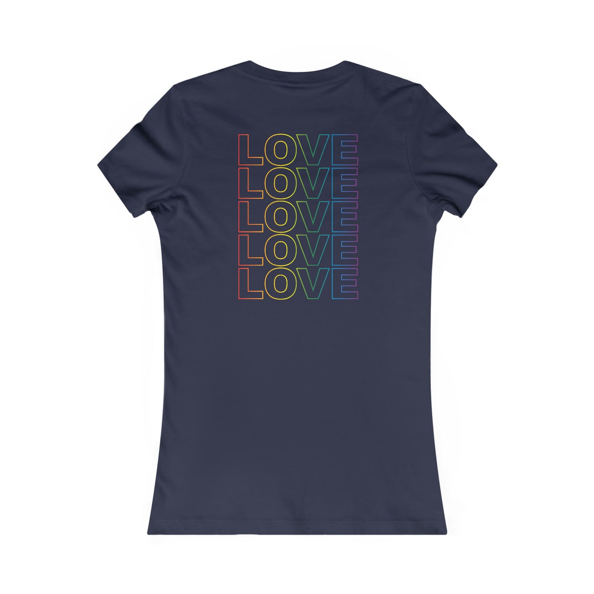 Live Love Be Peace LOVE back print women’s t shirt in rainbow on navy