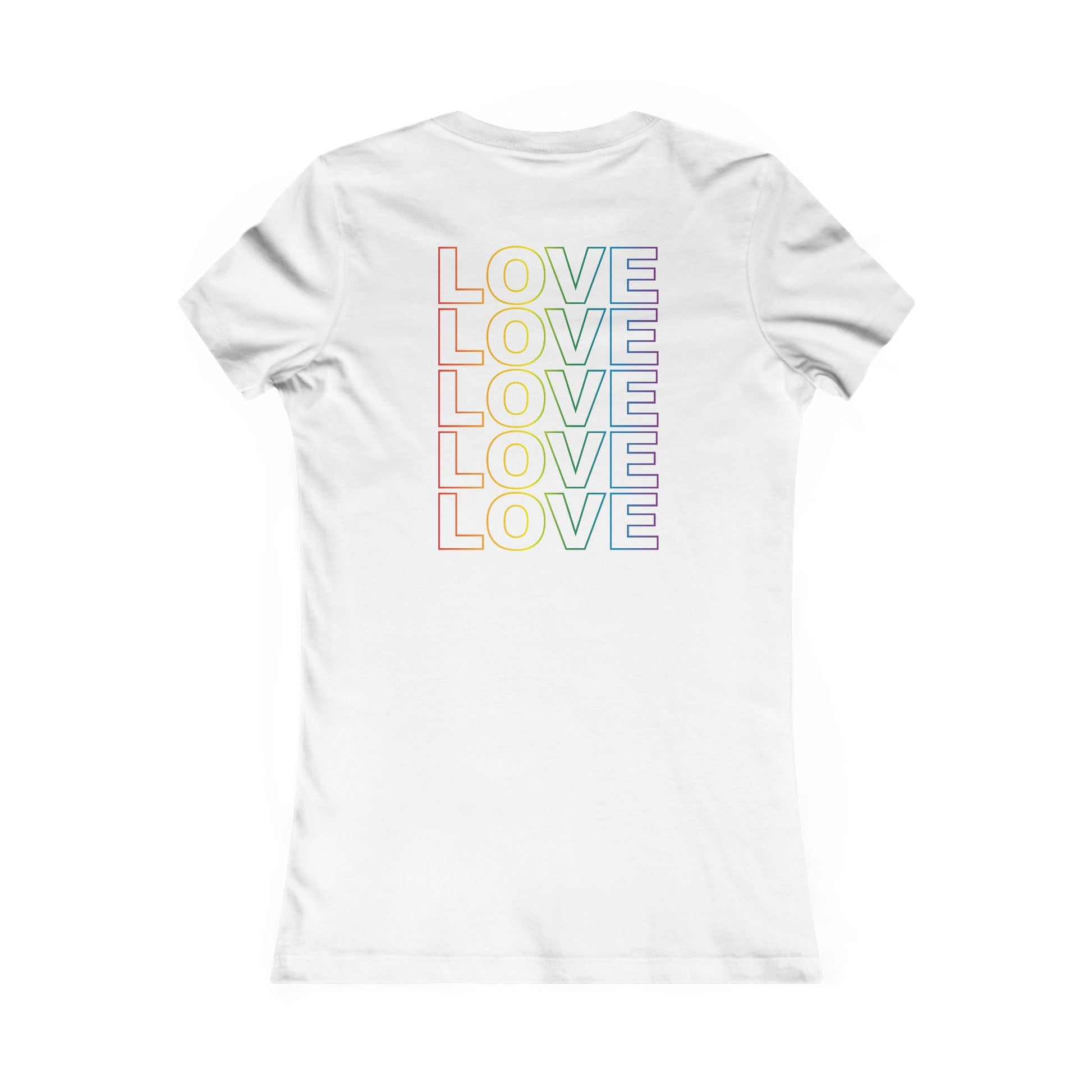 Live Love Be Peace LOVE back print women’s t shirt in rainbow on white
