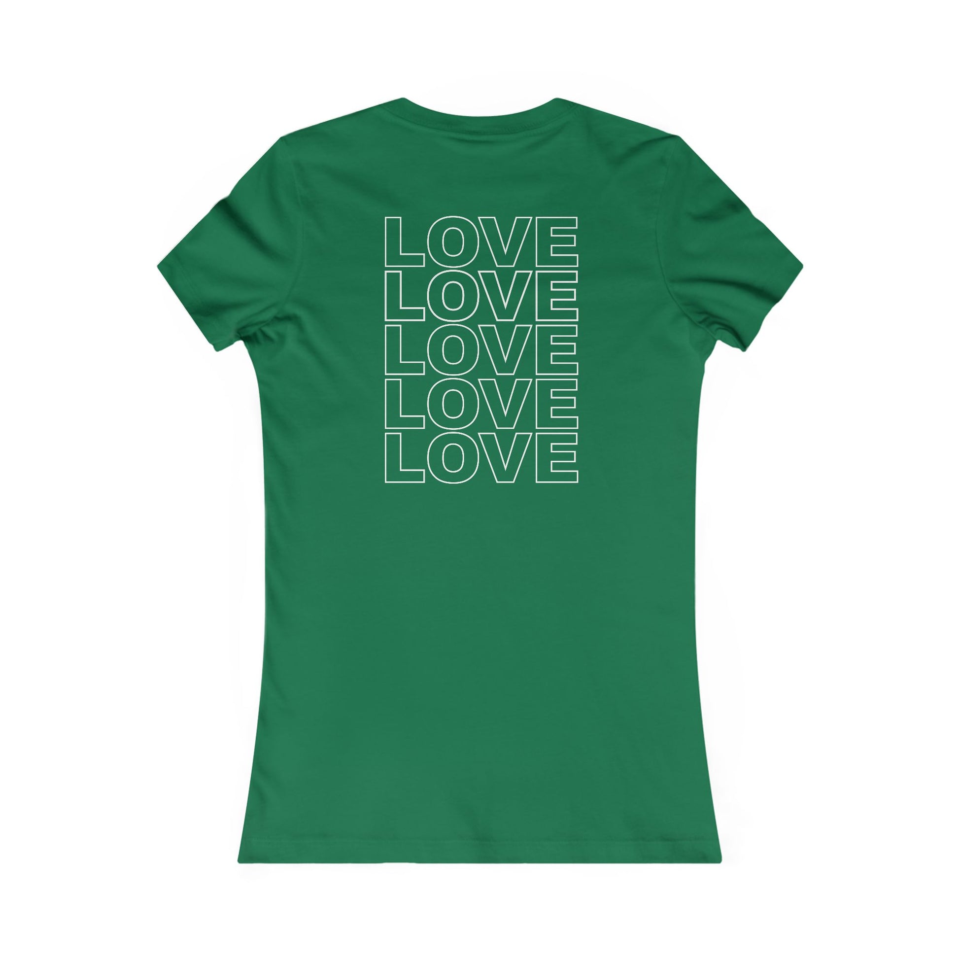 Live Love Be Peace LOVE back print women’s t shirt in white on kelly green
