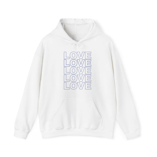 Live Love Be Peace LOVE stack front pullover hoodie in blue on white