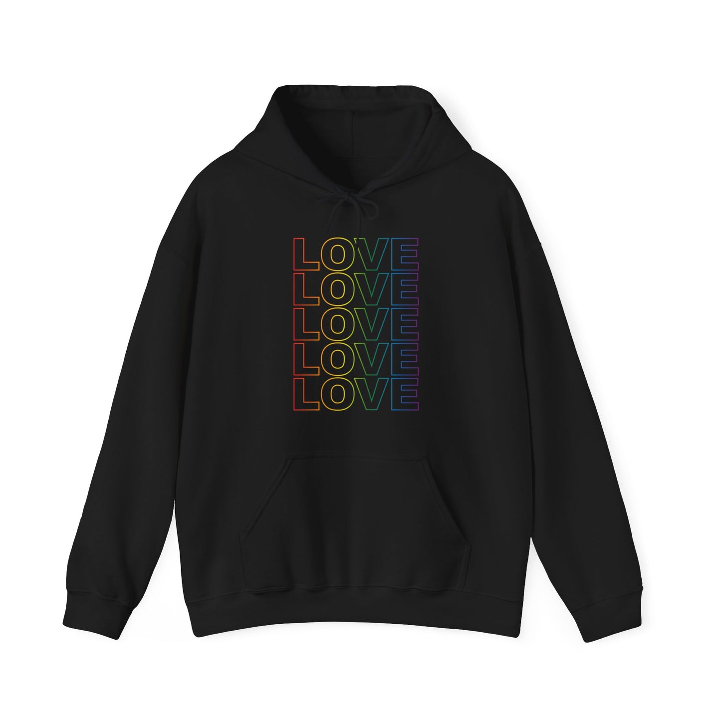Live Love Be Peace LOVE stack front pullover hoodie in rainbow on black