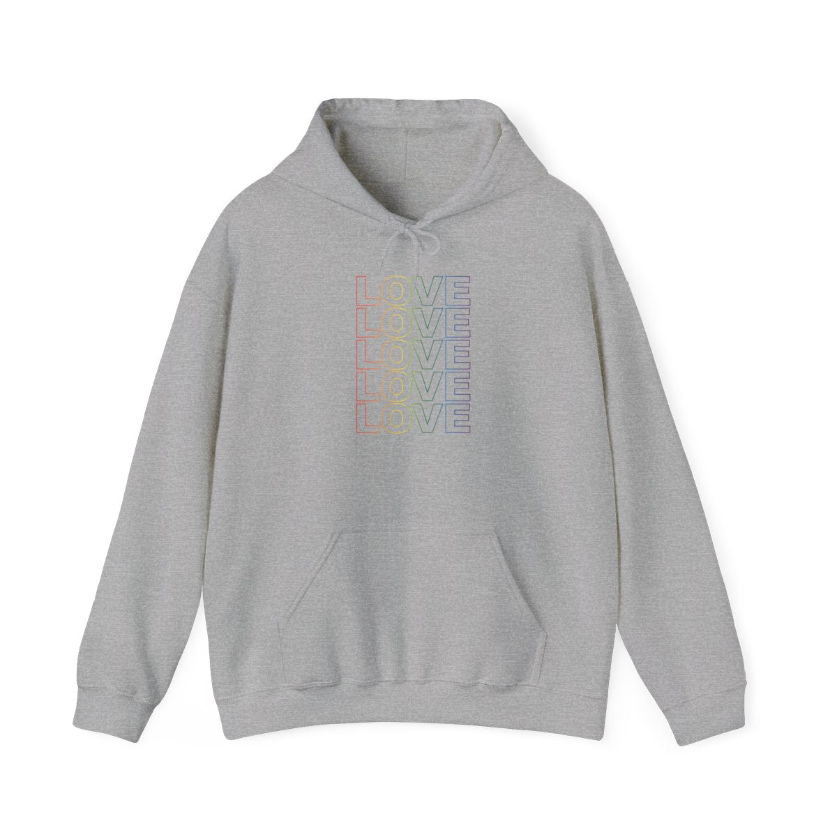Live Love Be Peace LOVE stack front pullover hoodie in rainbow on grey