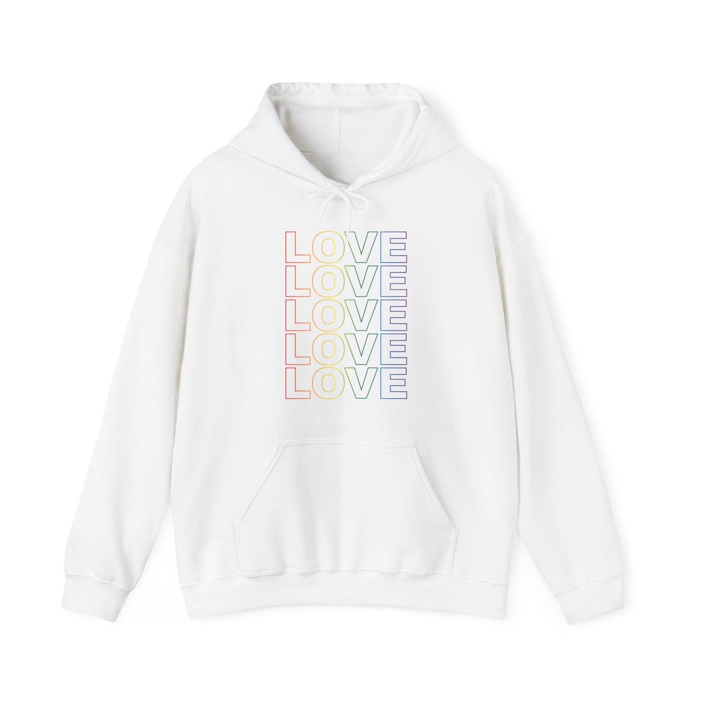 Live Love Be Peace LOVE stack front pullover hoodie in rainbow on white