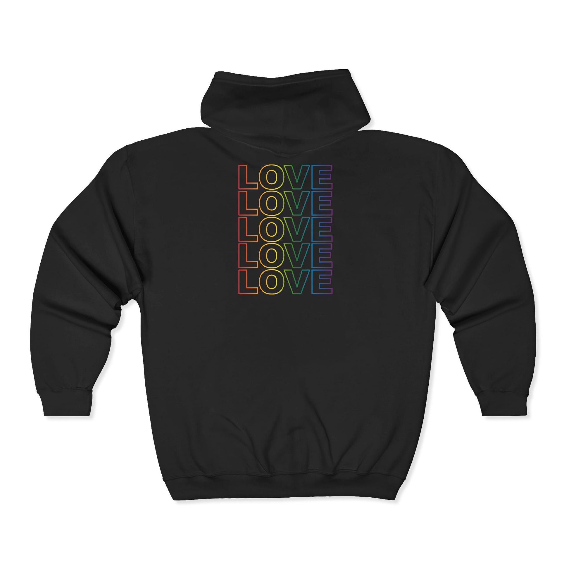 Live Love Be Peace LOVE stack back design full zip hoodie in rainbow on black