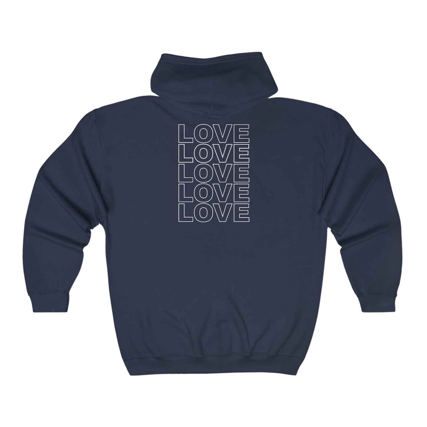 Live Love Be Peace LOVE stack back design full zip hoodie in white on navy