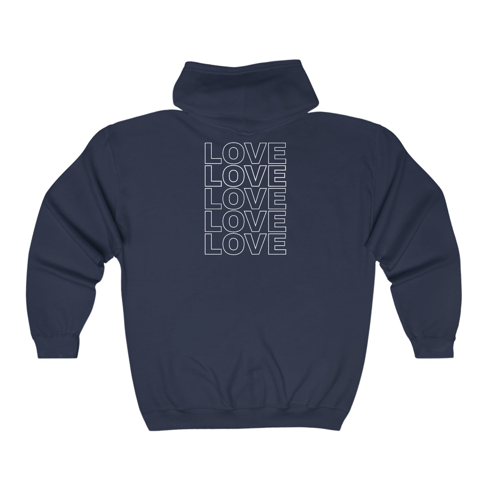 Live Love Be Peace LOVE stack back design full zip hoodie in white on navy
